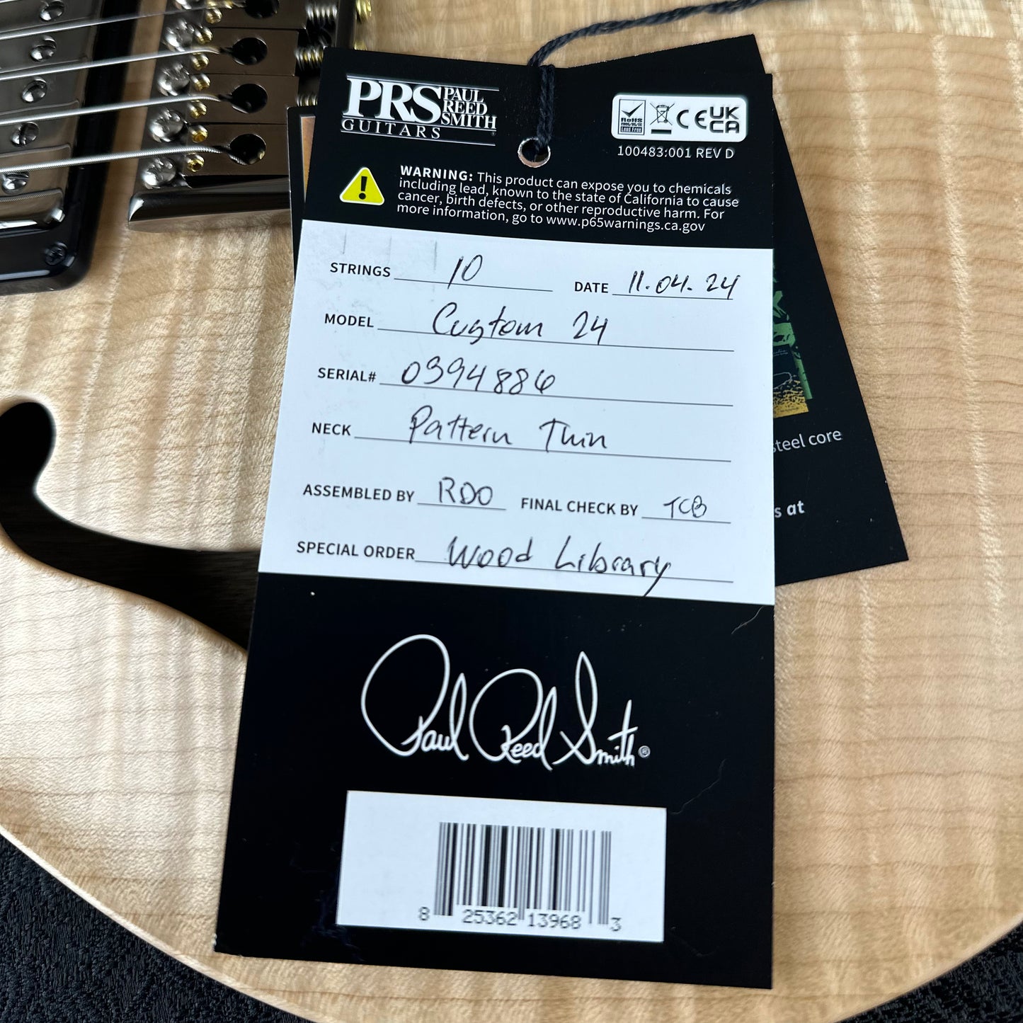 PRS Wood Library Custom 24 Semi-Hollow Flame Maple 10 Top, Korina Back, Torrified Maple Neck, Ziricote FB - Natural Satin 394886