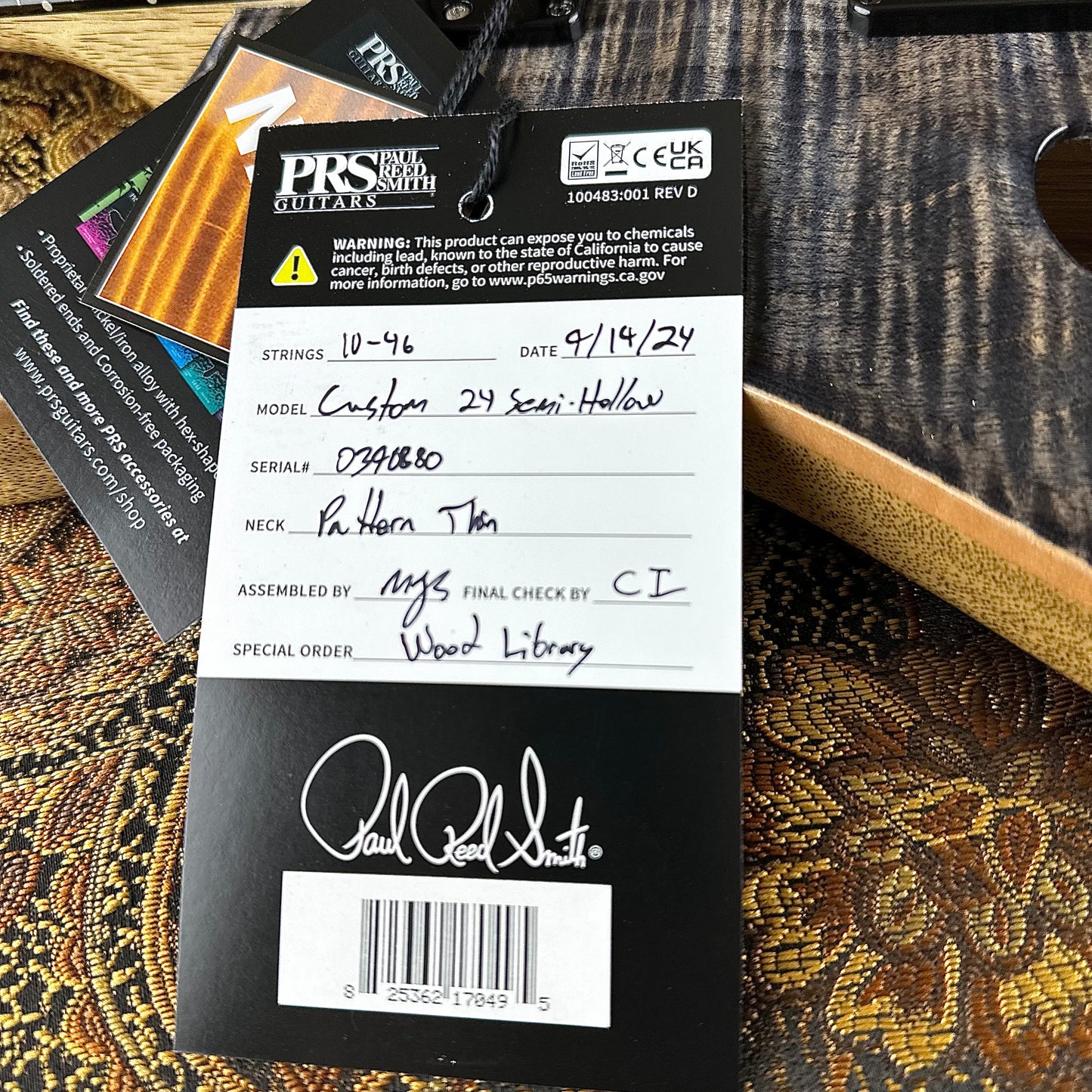 PRS Wood Library Custom 24 Semi-Hollow Flame Maple 10 Top Korina Body/Neck Ebony FB - Charcoal 390880