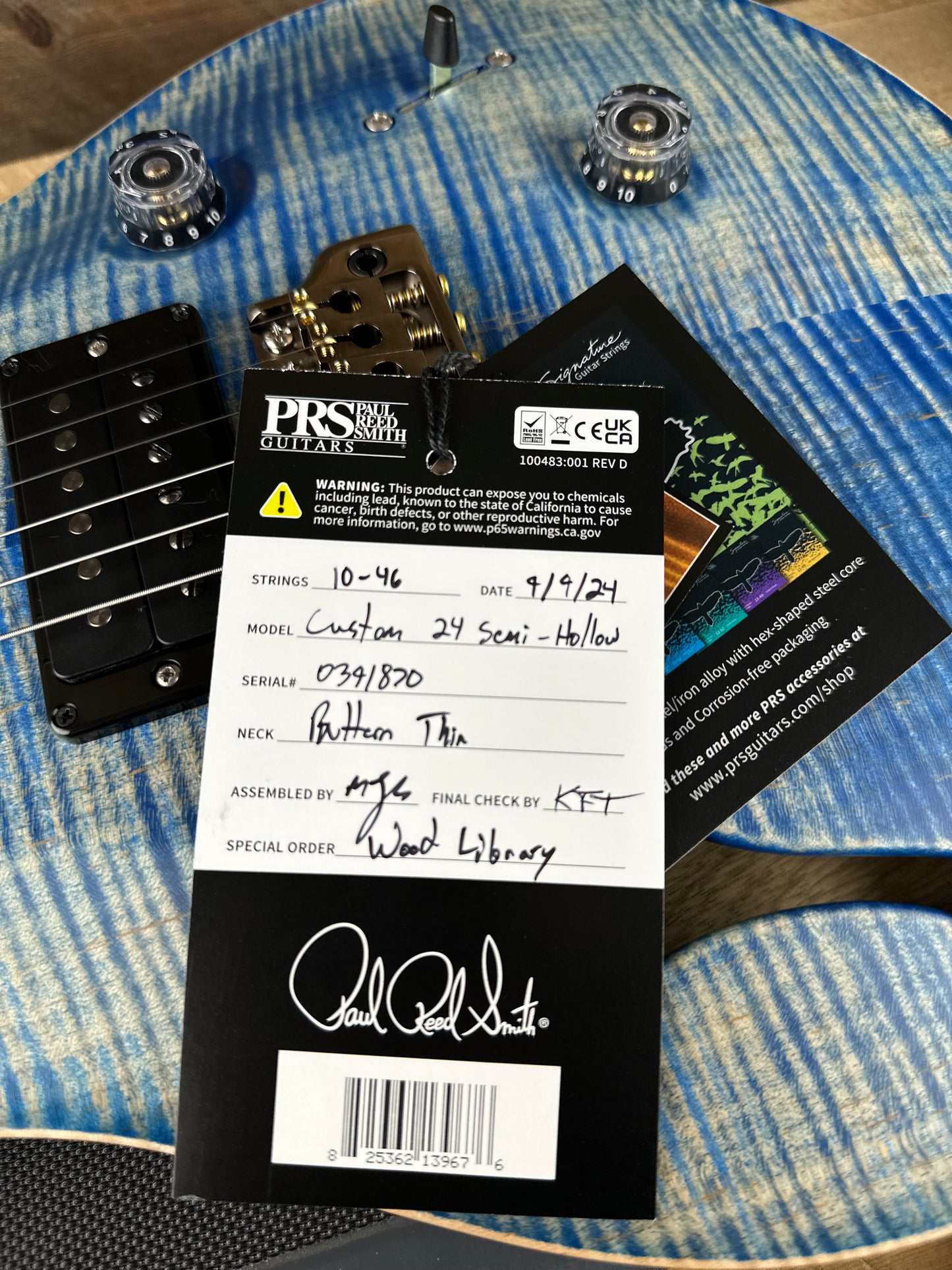 PRS Wood Library Custom 24 Semi-Hollow Flame Maple 10 Top, Korina Back, Torrified Maple Neck, Ziricote FB - Faded Blue Jean Satin 391870