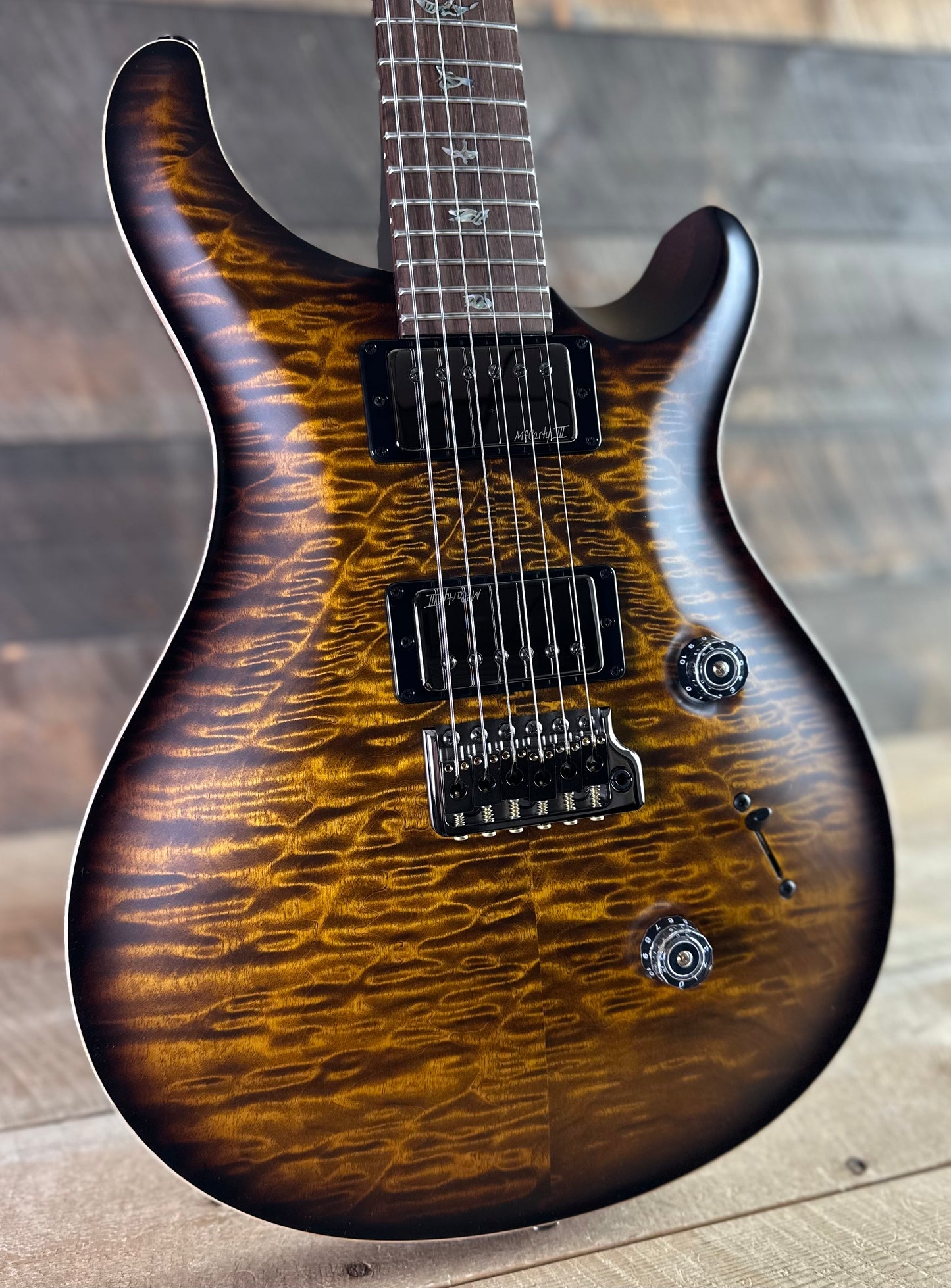PRS Wood Library Custom 24 Amazing Quilted 10 top!!, Korina Body/Neck, Brazilian Rosewood FB - Satin Black Gold Burst 423677
