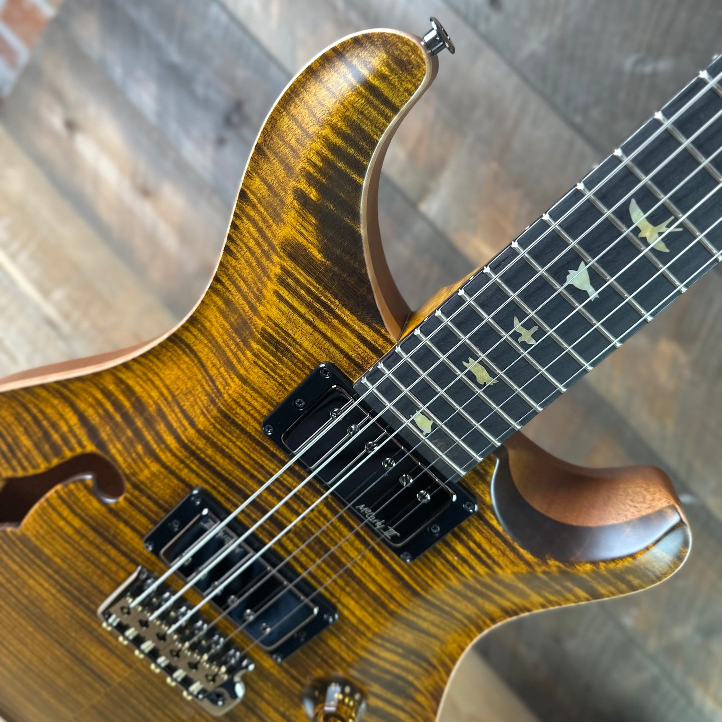 PRS Wood Library Custom 24 Fatback Semi-Hollow McCarty III Pickups Ebony Fretboard Satin Yellow Tiger Finish Stained Maple Neck 423670