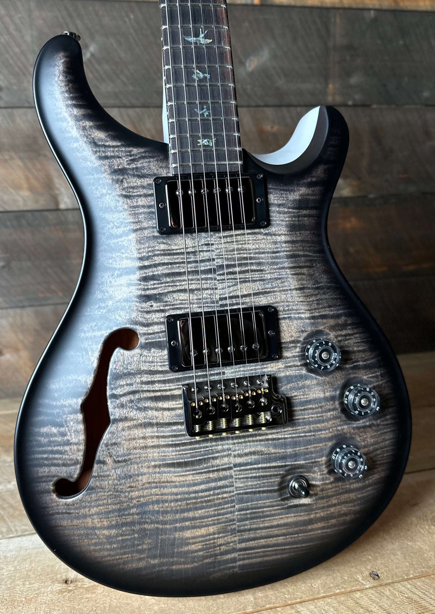 PRS Wood Library DGT Semi-Hollow David Grissom Signature, Flamed Maple 10-Top, Smoked Black Hardware - Satin Charcoal Burst W/White Back?!