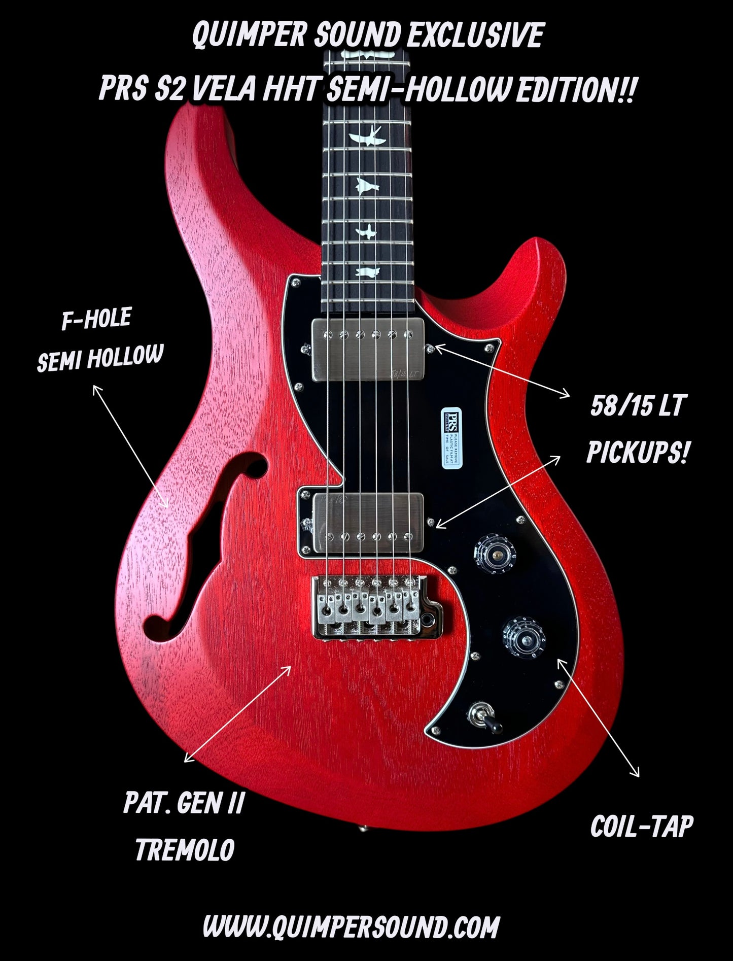 PRS S2 Vela Semi-Hollow HHT Quimper Edition – Vintage Cherry Satin Nitro USA Electric Guitar S2089009