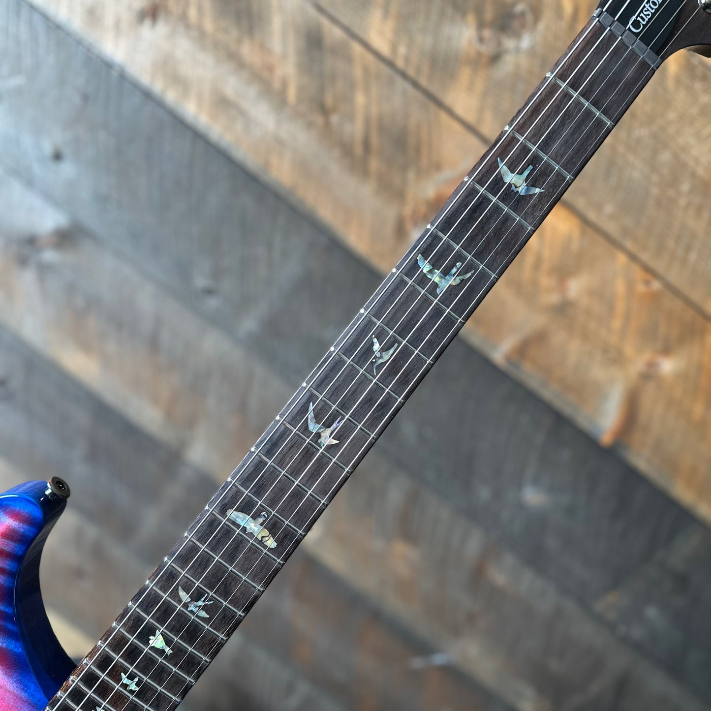 PRS Wood Library Custom 24, 10 Top Brazilian Rosewood Fretboard 58/15lt Korina Back - Bonnie Pink with Blue Wrap Micro Burst!! 411451n