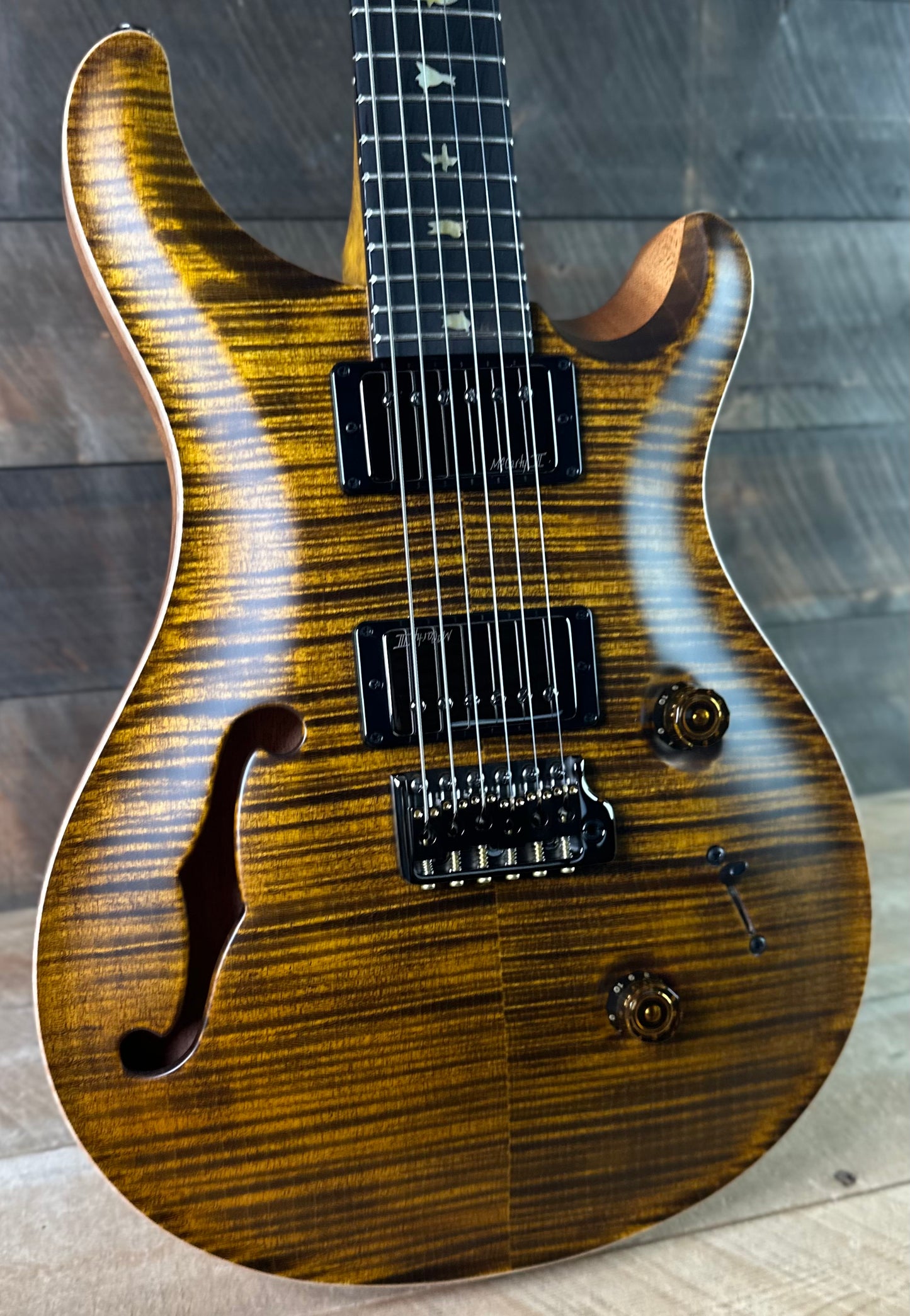 PRS Wood Library Custom 24 Fatback Semi-Hollow McCarty III Pickups Ebony Fretboard Satin Yellow Tiger Finish Stained Maple Neck 423670