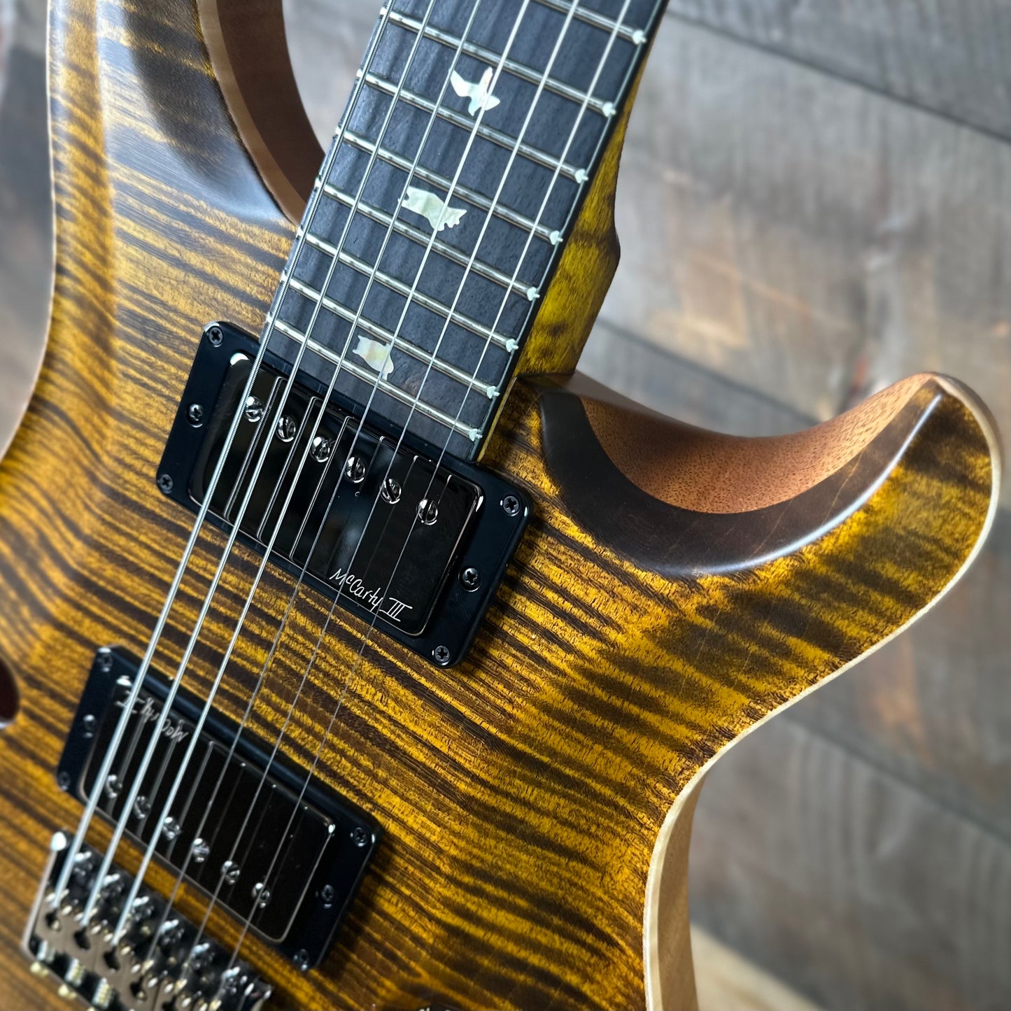 PRS Wood Library Custom 24 Fatback Semi-Hollow McCarty III Pickups Ebony Fretboard Satin Yellow Tiger Finish Stained Maple Neck 423670