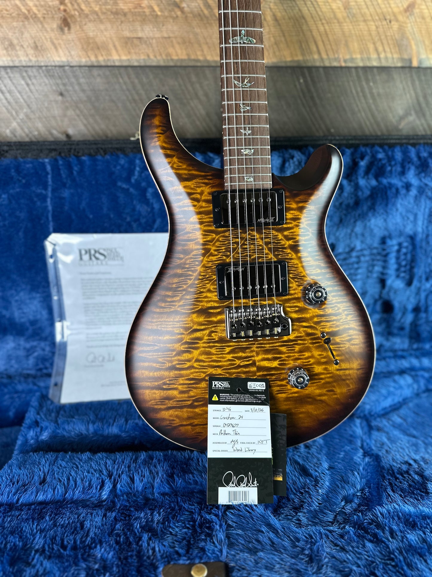 PRS Wood Library Custom 24 Amazing Quilted 10 top!!, Korina Body/Neck, Brazilian Rosewood FB - Satin Black Gold Burst 423677