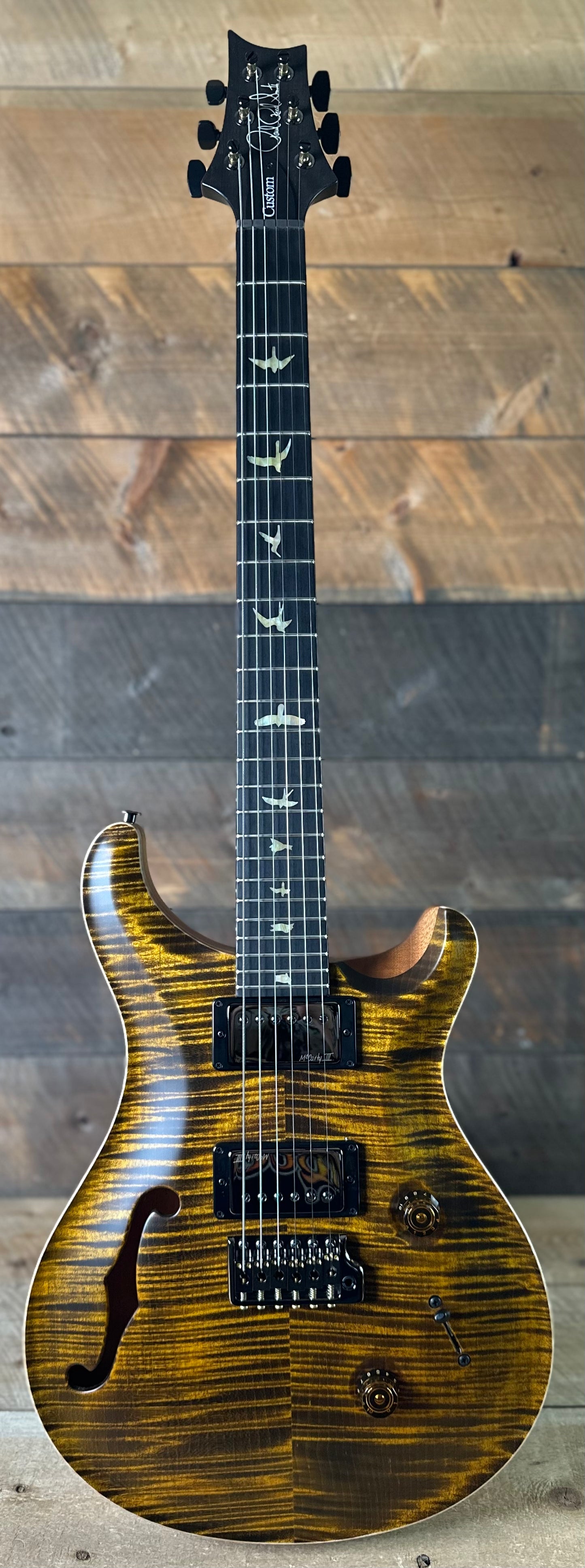 PRS Wood Library Custom 24 Fatback Semi-Hollow McCarty III Pickups Ebony Fretboard Satin Yellow Tiger Stained Maple Neck 423672