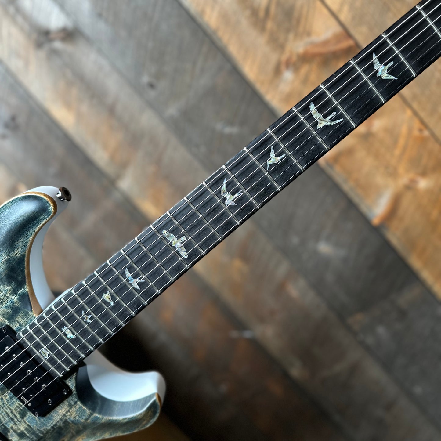 PRS Custom 24 Mango Top, Gaboon Ebony FB Satin Custom Color - Faded Grey Whale Blue W/White Back 408058