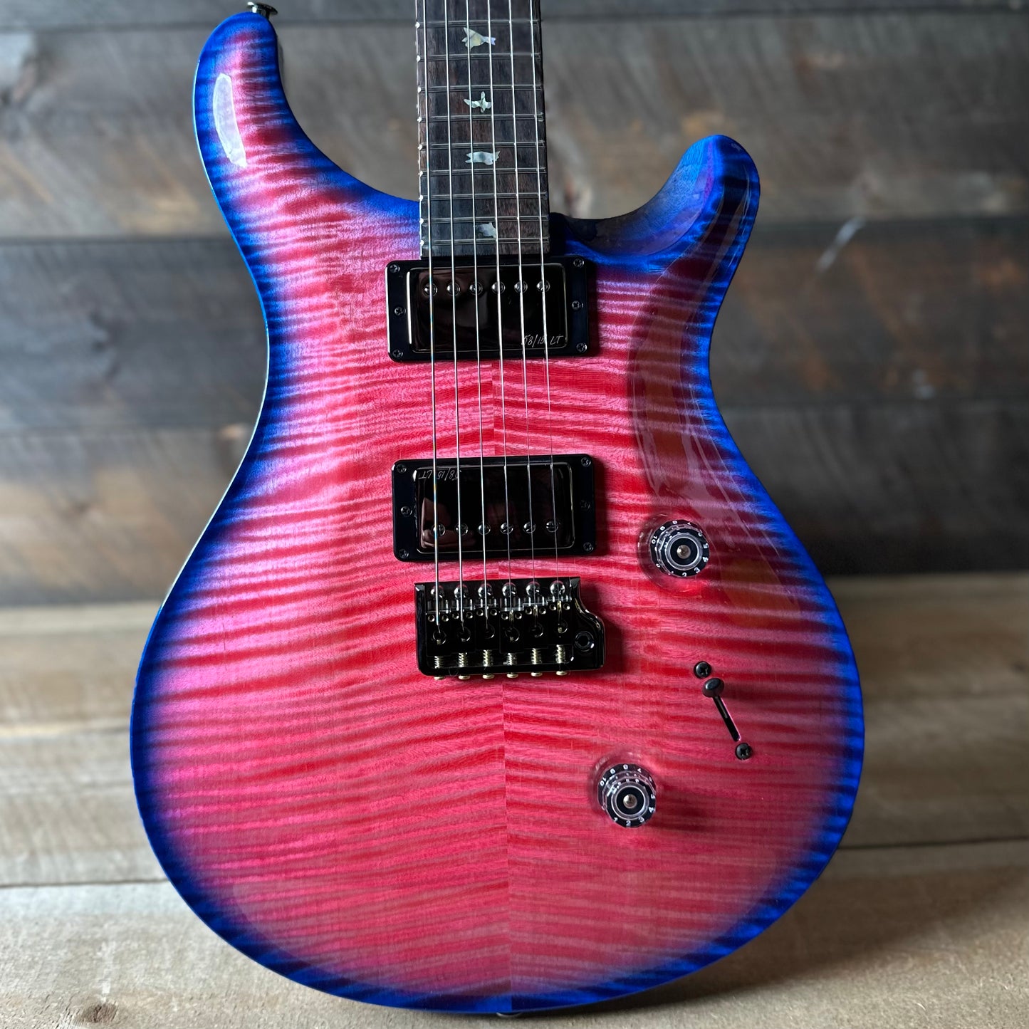PRS Wood Library Custom 24, 10 Top Brazilian Rosewood Fretboard 58/15lt Korina Back - Bonnie Pink with Blue Wrap Micro Burst!! 411451n