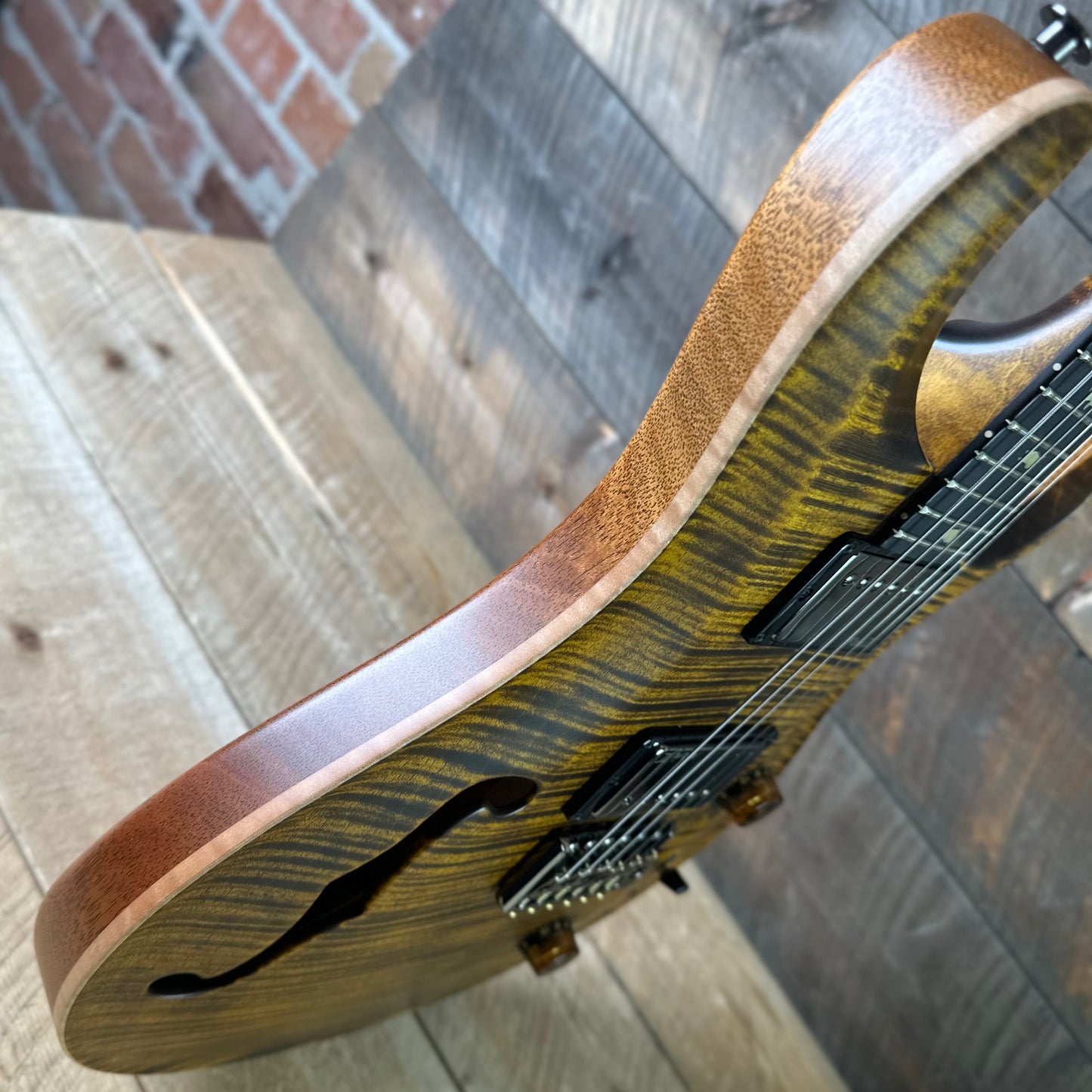 PRS Wood Library Custom 24 Fatback Semi-Hollow McCarty III Pickups Ebony Fretboard Satin Yellow Tiger Finish Stained Maple Neck 423670