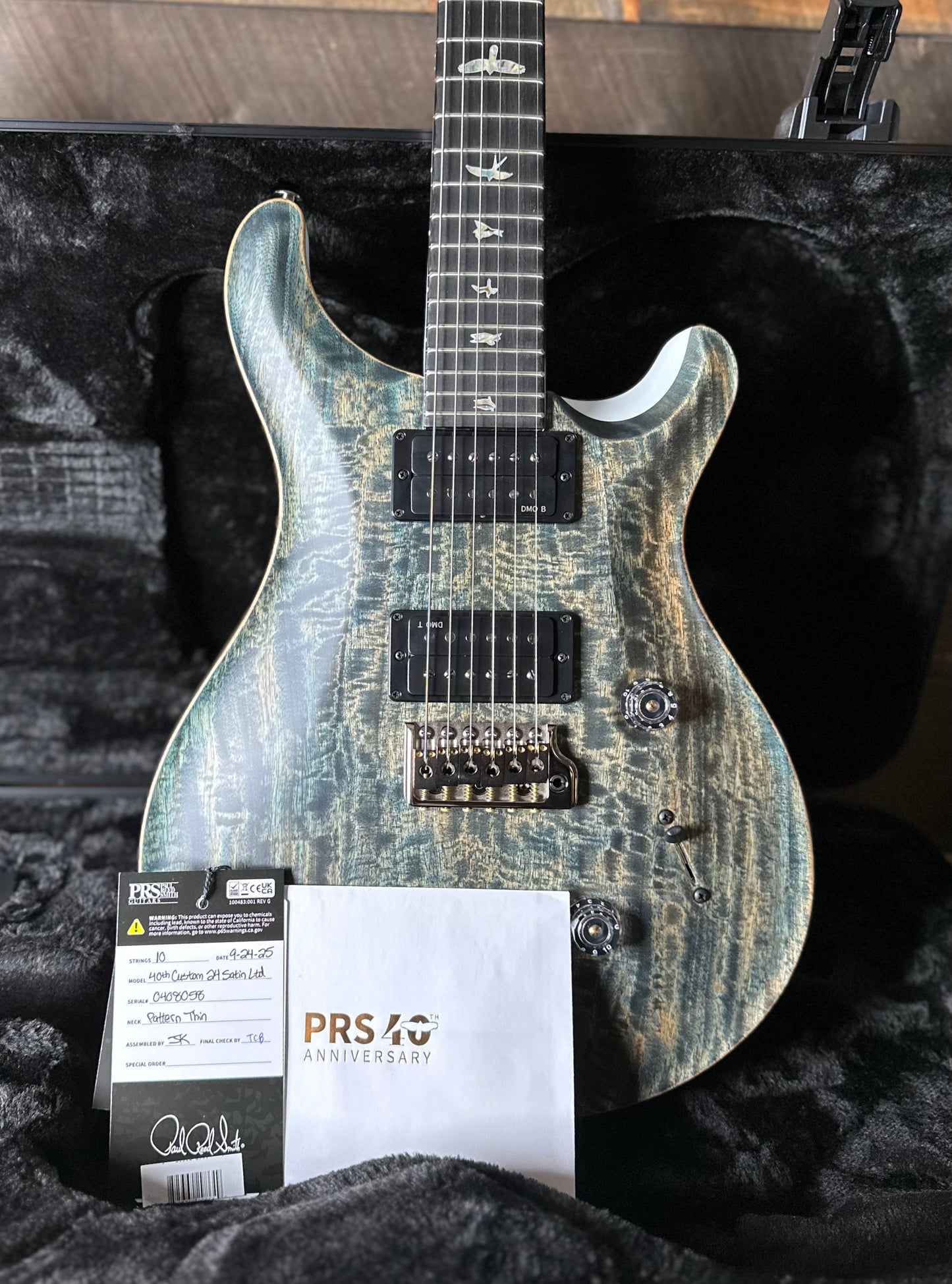 PRS Custom 24 Mango Top, Gaboon Ebony FB Satin Custom Color - Faded Grey Whale Blue W/White Back 408058