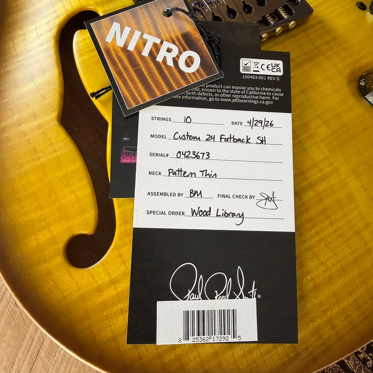 PRS Wood Library Custom 24 Fatback Semi-Hollow McCarty III Pickups Ebony Fretboard Satin Livingston Lemondrop Finish Stained Maple Neck 423673