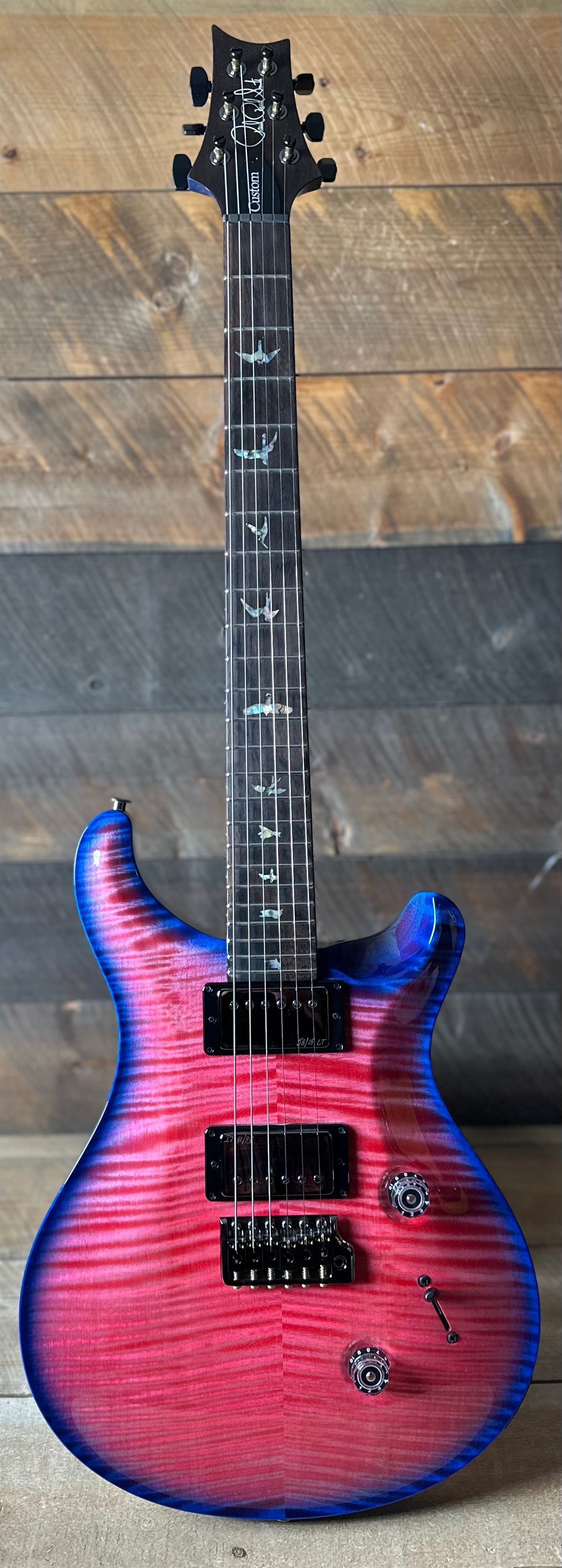 PRS Wood Library Custom 24, 10 Top Brazilian Rosewood Fretboard 58/15lt Korina Back - Bonnie Pink with Blue Wrap Micro Burst!! 411451n