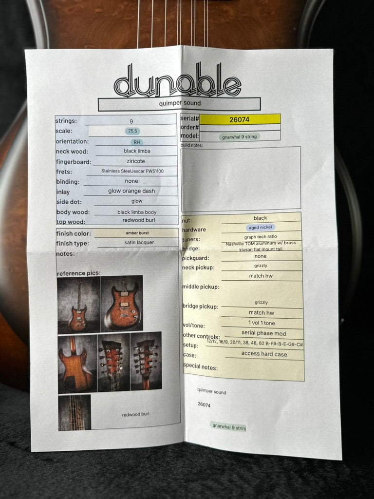 Dunable USA Custom Shop Gnarwhal 9 String Redwood Burl Top - Amber Burst 26074