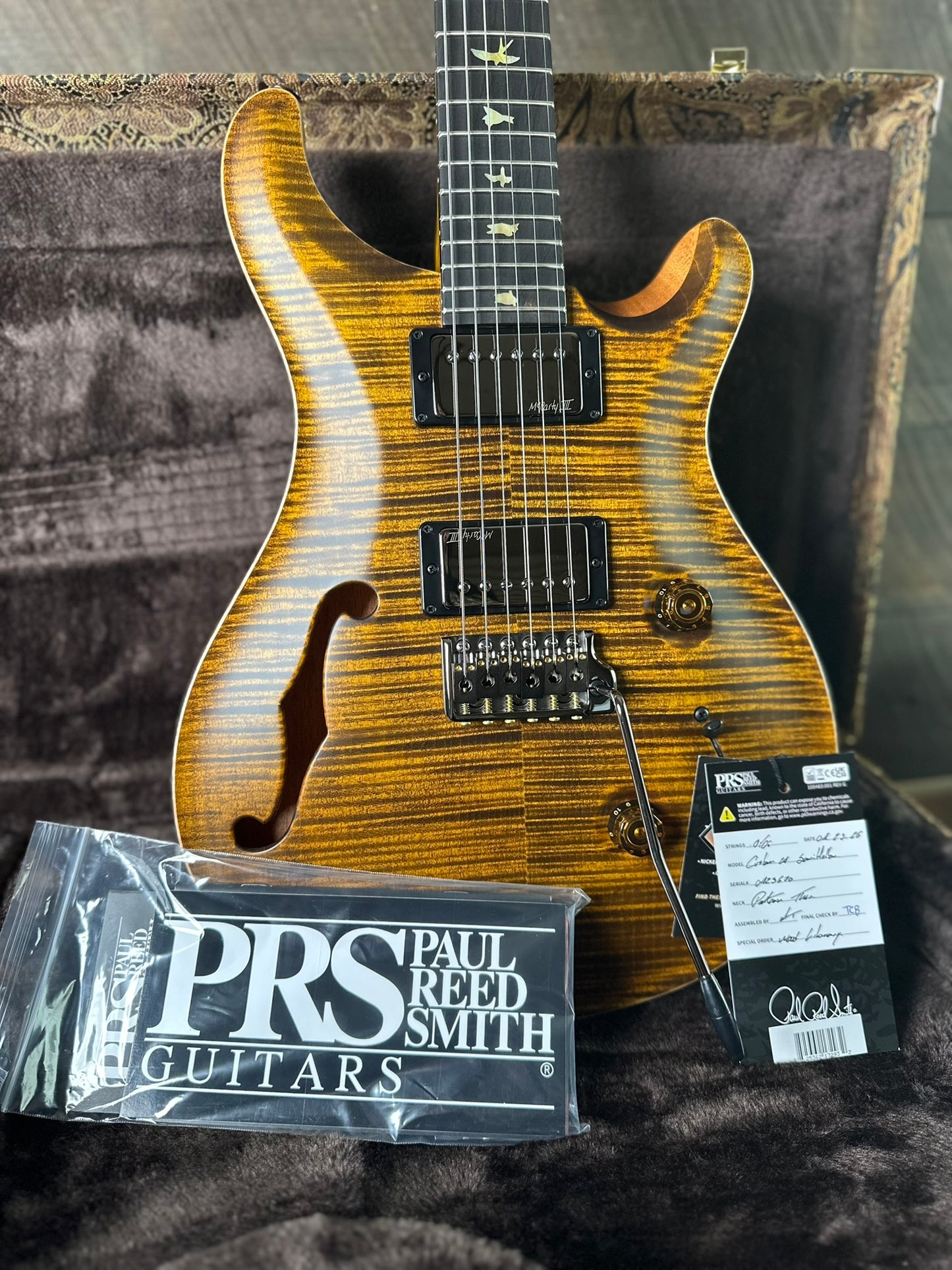 PRS Wood Library Custom 24 Fatback Semi-Hollow McCarty III Pickups Ebony Fretboard Satin Yellow Tiger Finish Stained Maple Neck 423670