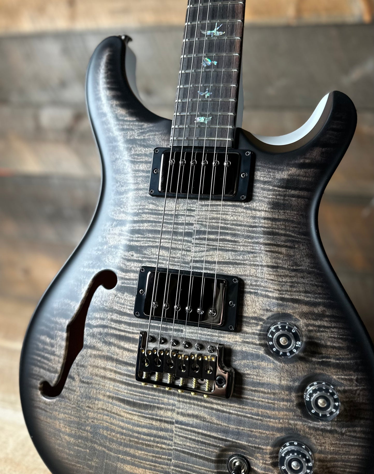 PRS Wood Library DGT Semi-Hollow David Grissom Signature, Flamed Maple 10-Top, Smoked Black Hardware - Satin Charcoal Burst W/White Back?!