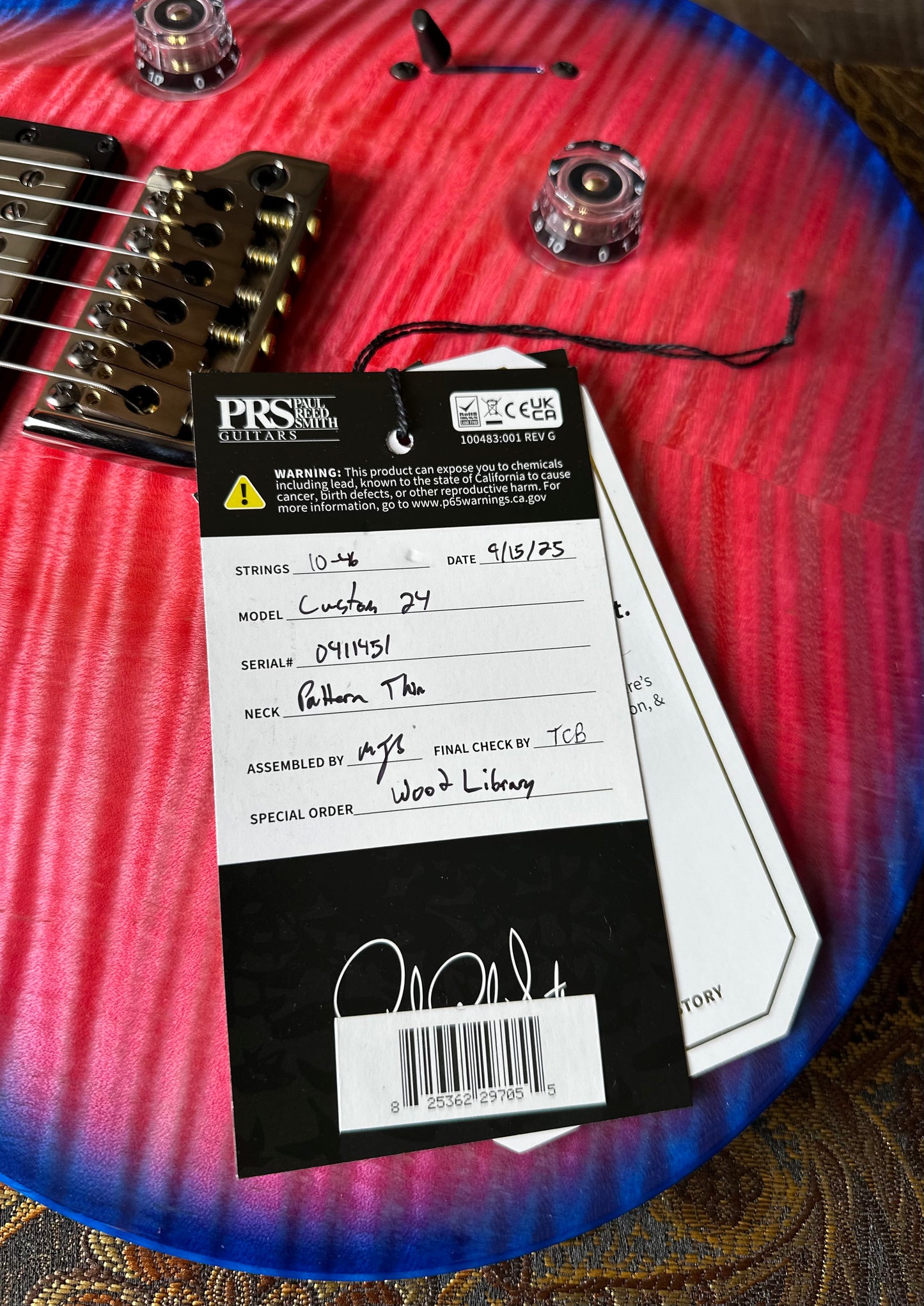 PRS Wood Library Custom 24, 10 Top Brazilian Rosewood Fretboard 58/15lt Korina Back - Bonnie Pink with Blue Wrap Micro Burst!! 411451n