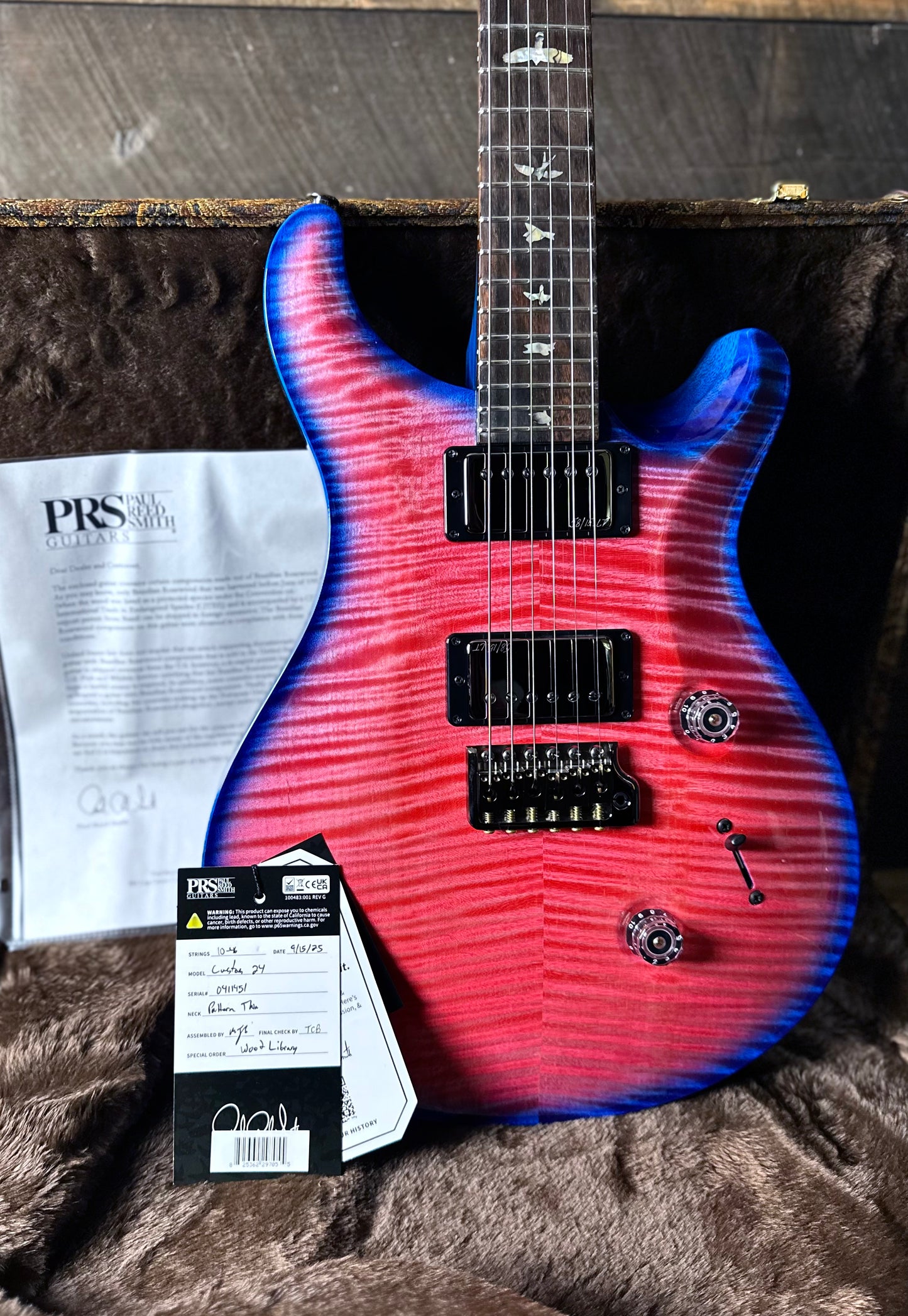 PRS Wood Library Custom 24, 10 Top Brazilian Rosewood Fretboard 58/15lt Korina Back - Bonnie Pink with Blue Wrap Micro Burst!! 411451n