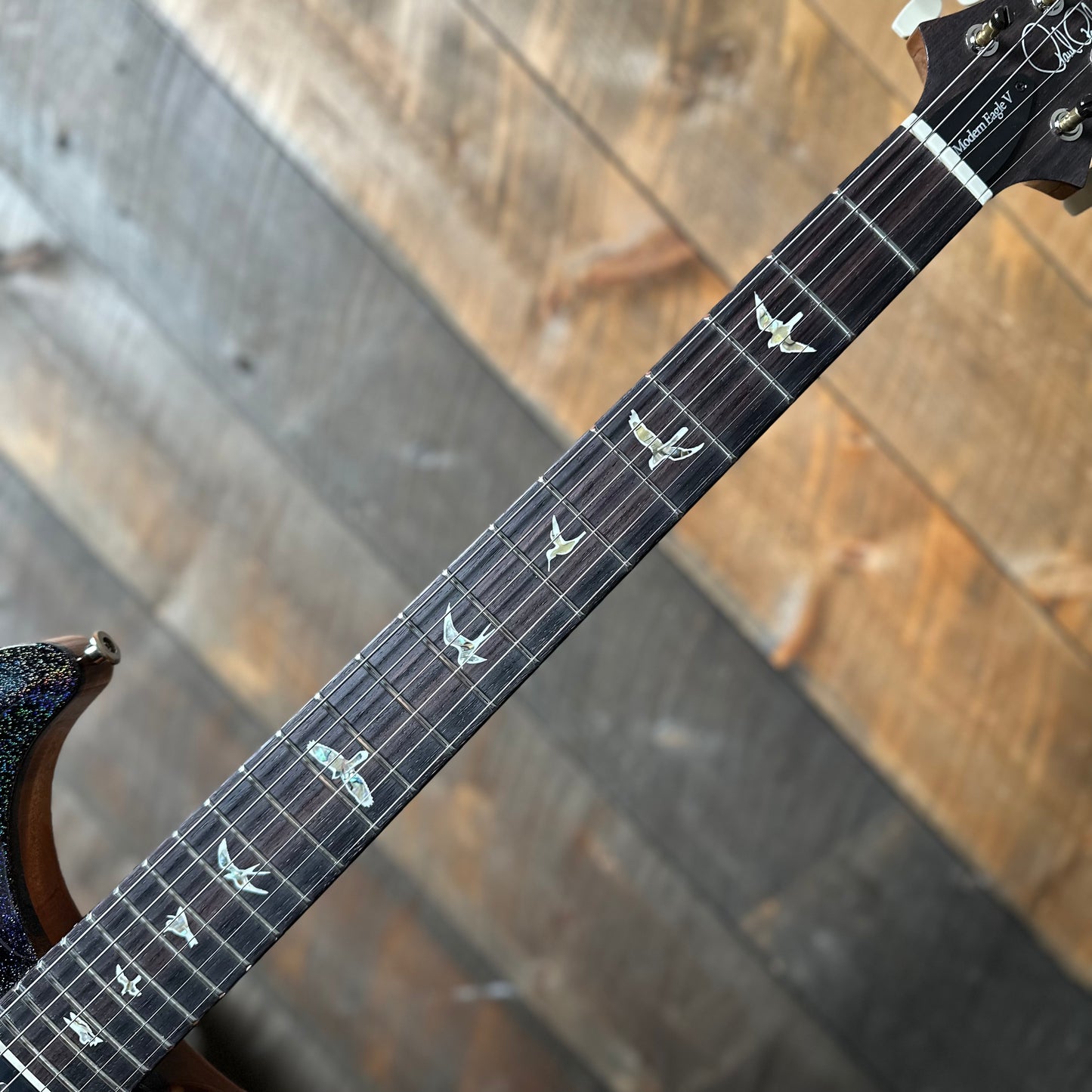 PRS Modern Eagle V Rare One Of A Kind!! - Black Rainbow Holoflake Top & Binding (Natural Back) 418869