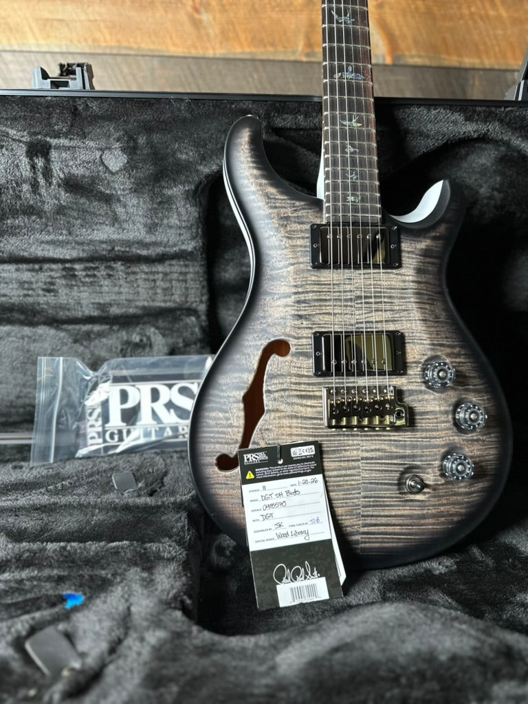 PRS Wood Library DGT Semi-Hollow David Grissom Signature, Flamed Maple 10-Top, Smoked Black Hardware - Satin Charcoal Burst W/White Back?!
