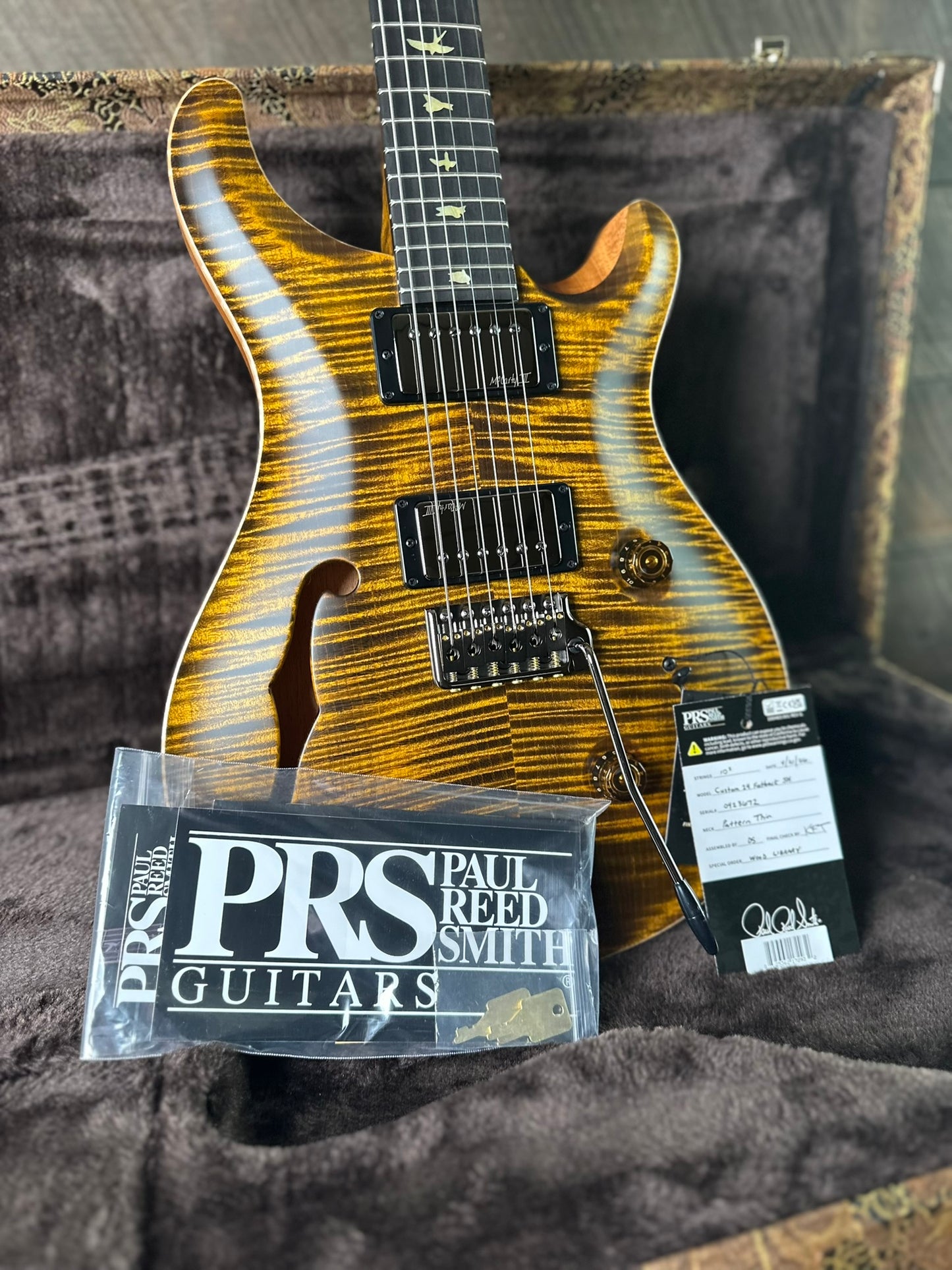 PRS Wood Library Custom 24 Fatback Semi-Hollow McCarty III Pickups Ebony Fretboard Satin Yellow Tiger Stained Maple Neck 423672