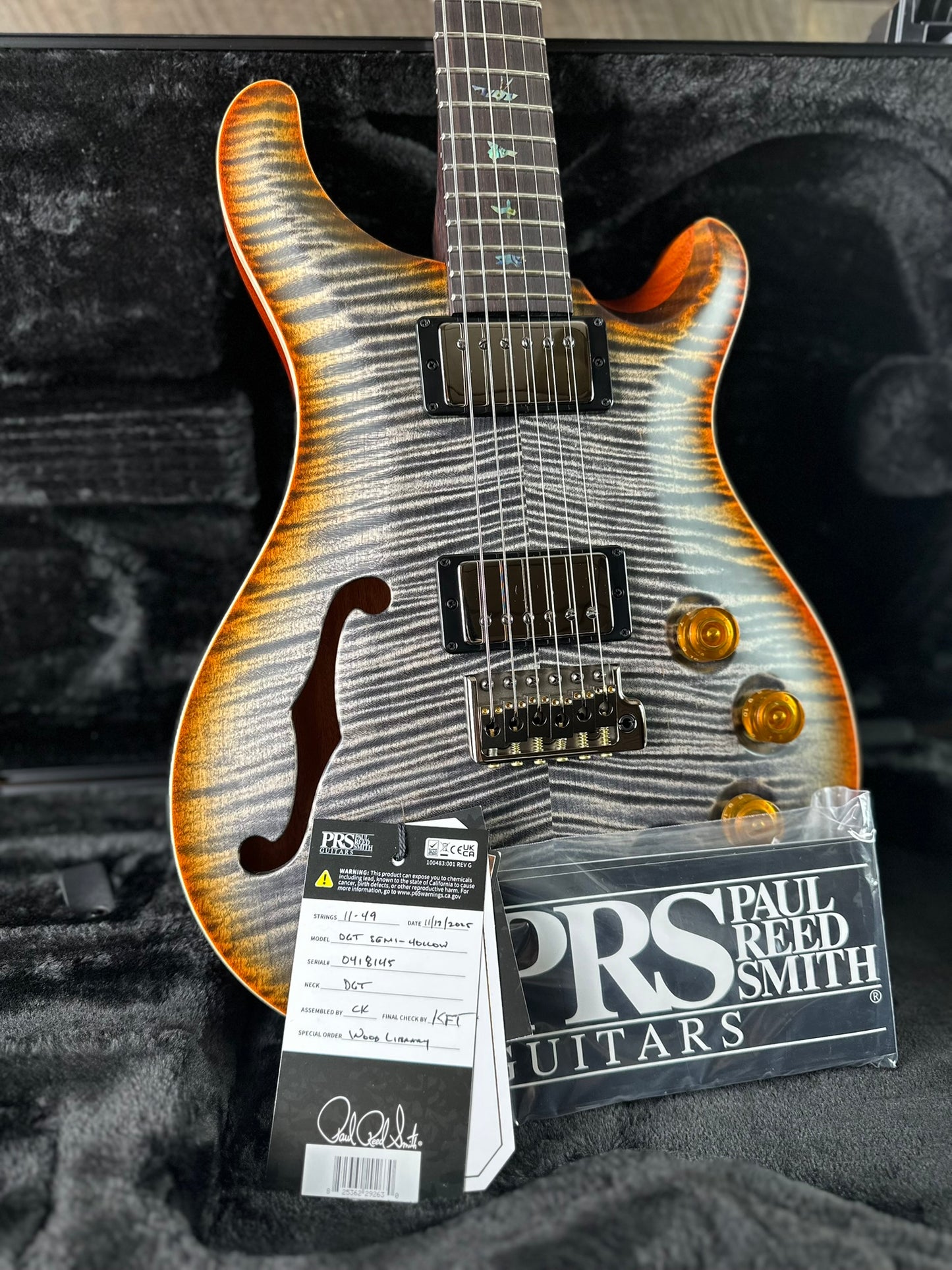 PRS Wood Library DGT Semi-Hollow David Grissom Signature Rosewood Neck! Flamed Maple 10-Top Smoked Black Hardware - Burnt Maple Leaf 418145