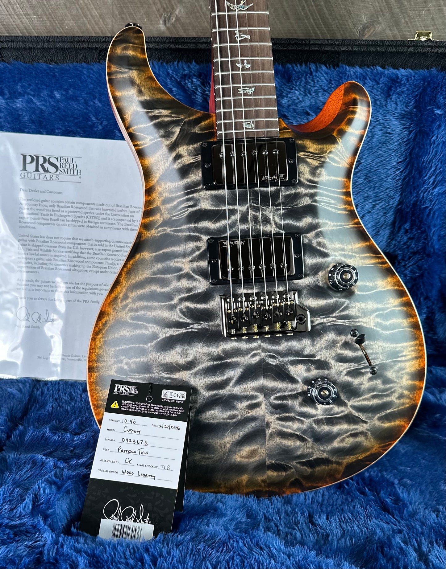 PRS Wood Library Custom 24 Amazing Quilted 10 top!!, Korina Body/Neck, Brazilian Rosewood FB - Satin Burnt Maple Leaf 423678