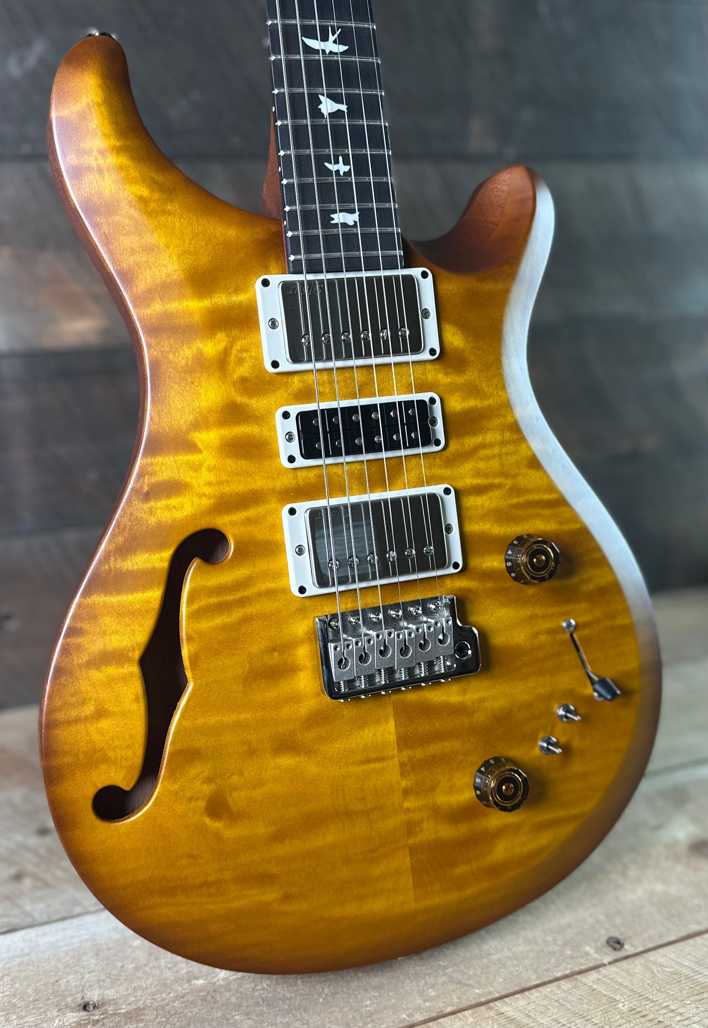 PRS S2 Wood Library Special Semi-Hollow Quilted Top Ebony Fretboard - Satin Honey Gold Burst S2088418