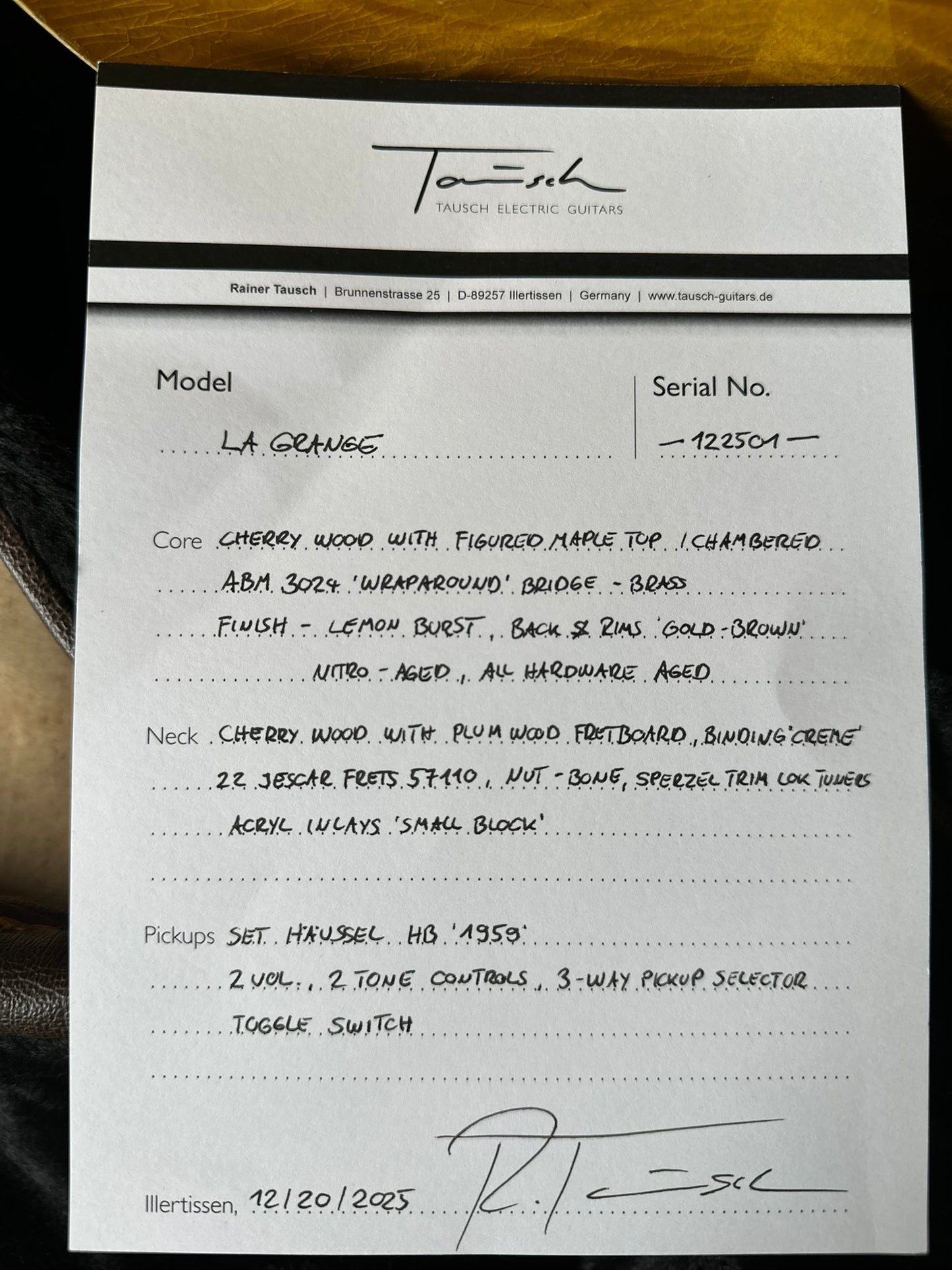 Tausch Guitars 'La Grange' Model - Lemon Burst 122501