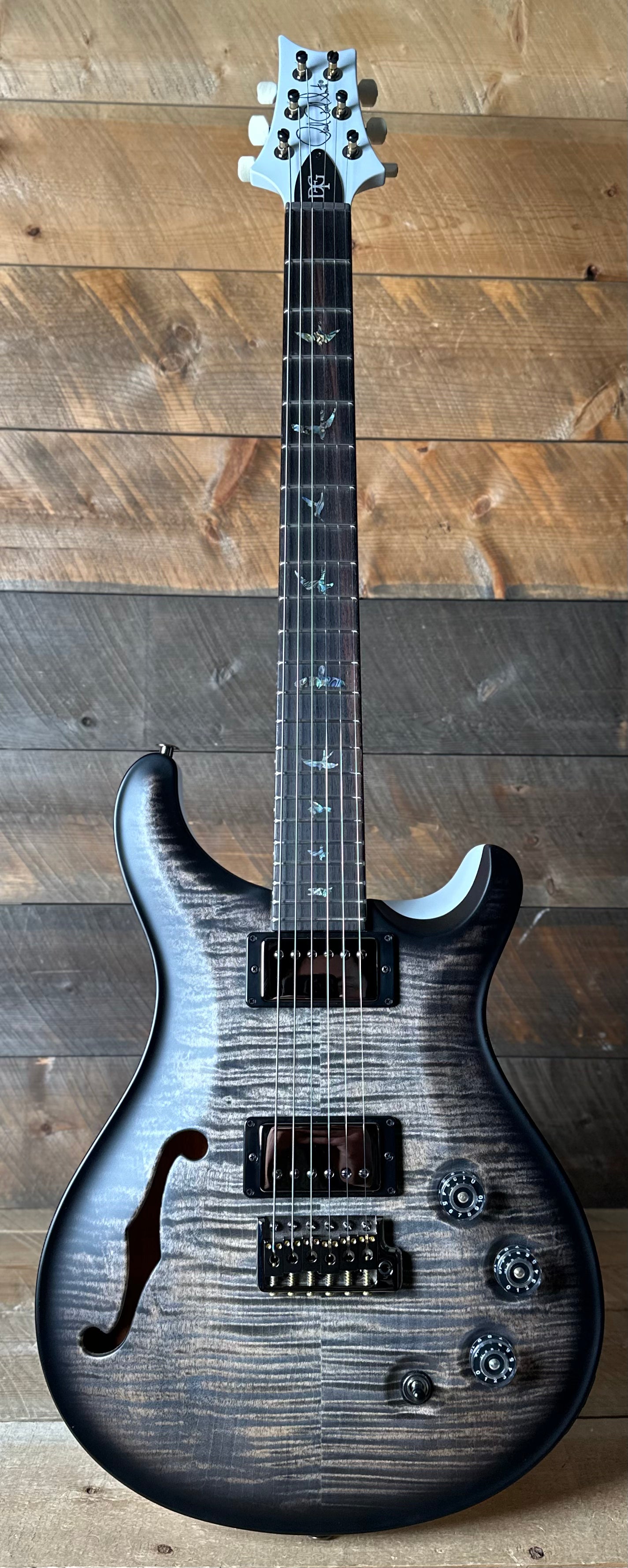 PRS Wood Library DGT Semi-Hollow David Grissom Signature, Flamed Maple 10-Top, Smoked Black Hardware - Satin Charcoal Burst W/White Back?!