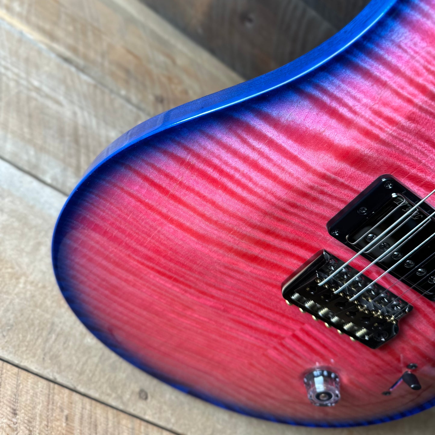 PRS Wood Library Custom 24, 10 Top Brazilian Rosewood Fretboard 58/15lt Korina Back - Bonnie Pink with Blue Wrap Micro Burst!! 411451n