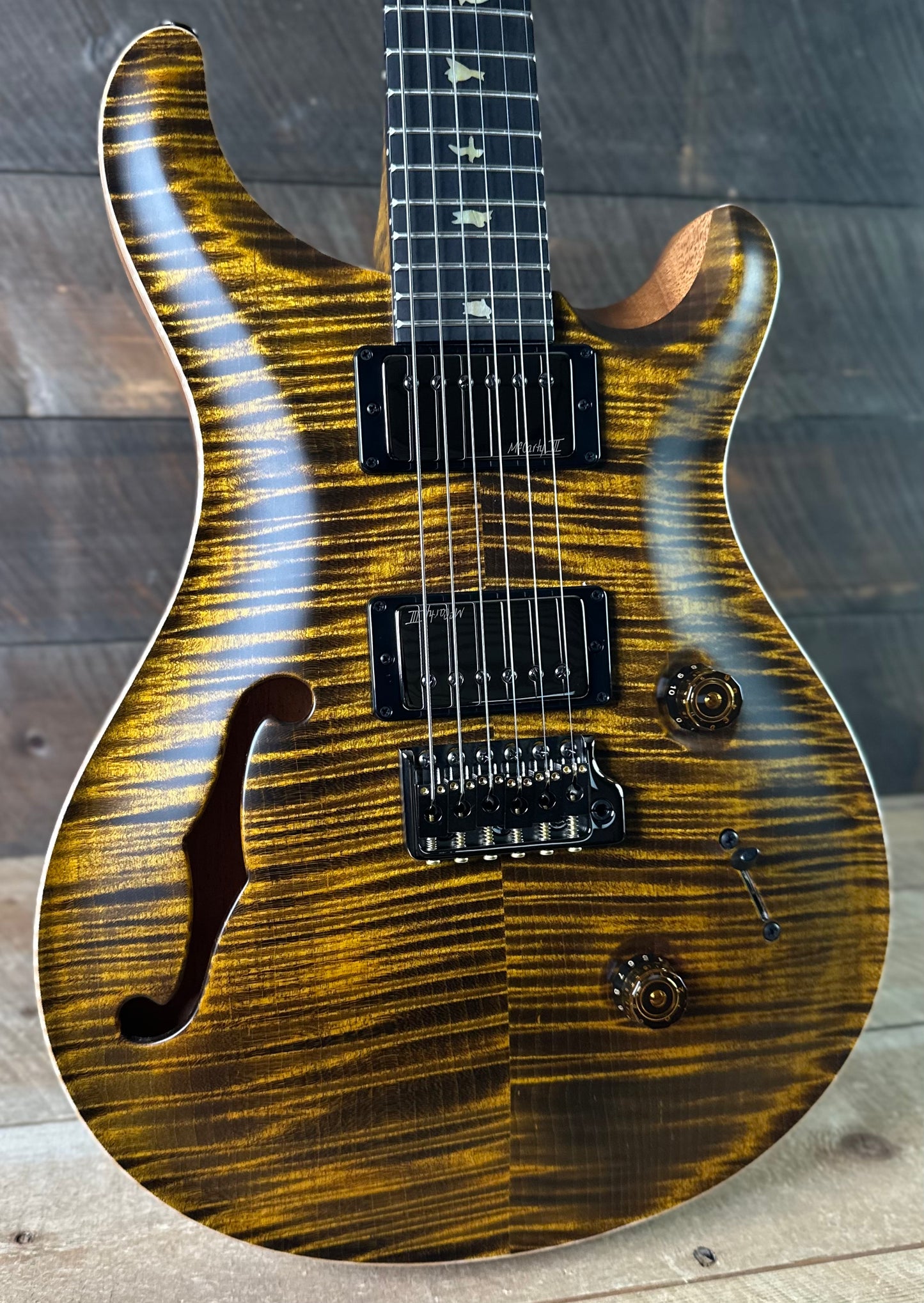 PRS Wood Library Custom 24 Fatback Semi-Hollow McCarty III Pickups Ebony Fretboard Satin Yellow Tiger Stained Maple Neck 423672