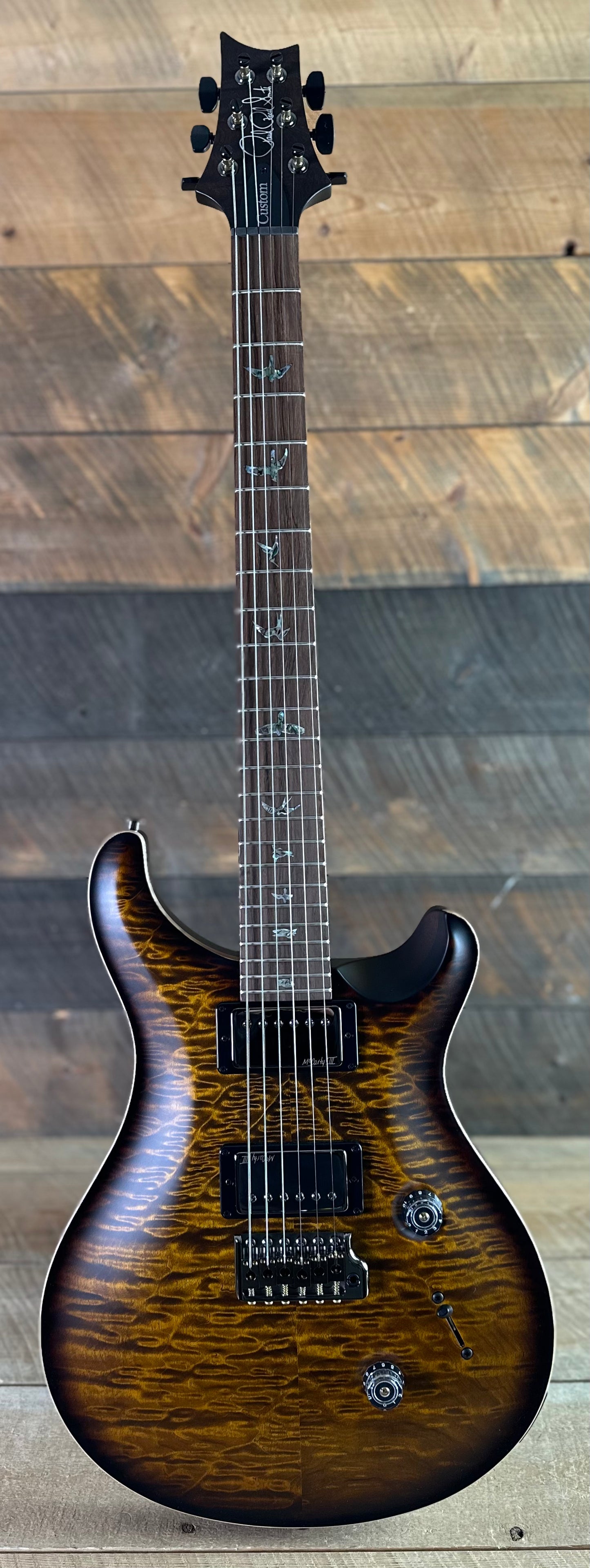 PRS Wood Library Custom 24 Amazing Quilted 10 top!!, Korina Body/Neck, Brazilian Rosewood FB - Satin Black Gold Burst 423677