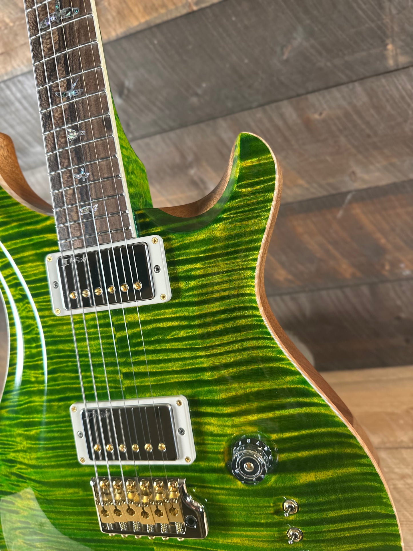 PRS Wood Library McCarty Tremolo w/ Dual Mini Toggles Flame Maple 10-top Ziricote FB - Emerald (Natural Back) 431243