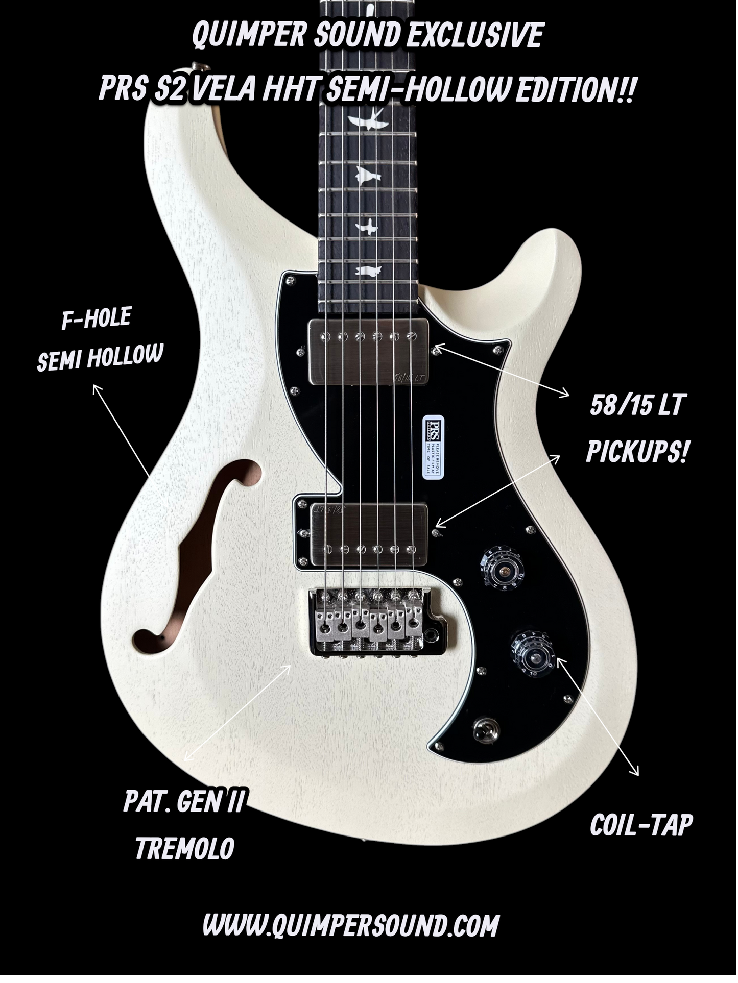 PRS S2 Vela Semi-Hollow HHT Quimper Edition – Antique White Satin Nitro USA Electric Guitar S2088697