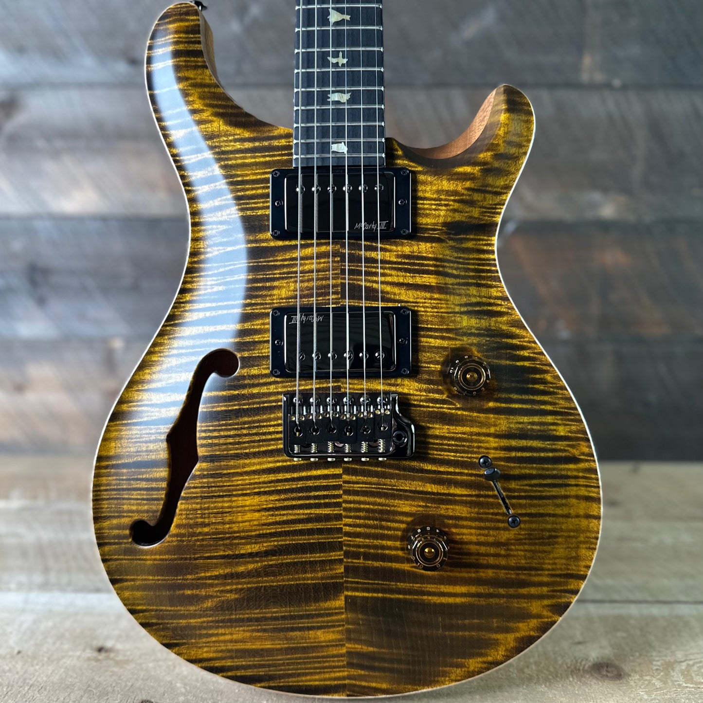 PRS Wood Library Custom 24 Fatback Semi-Hollow McCarty III Pickups Ebony Fretboard Satin Yellow Tiger Stained Maple Neck 423672