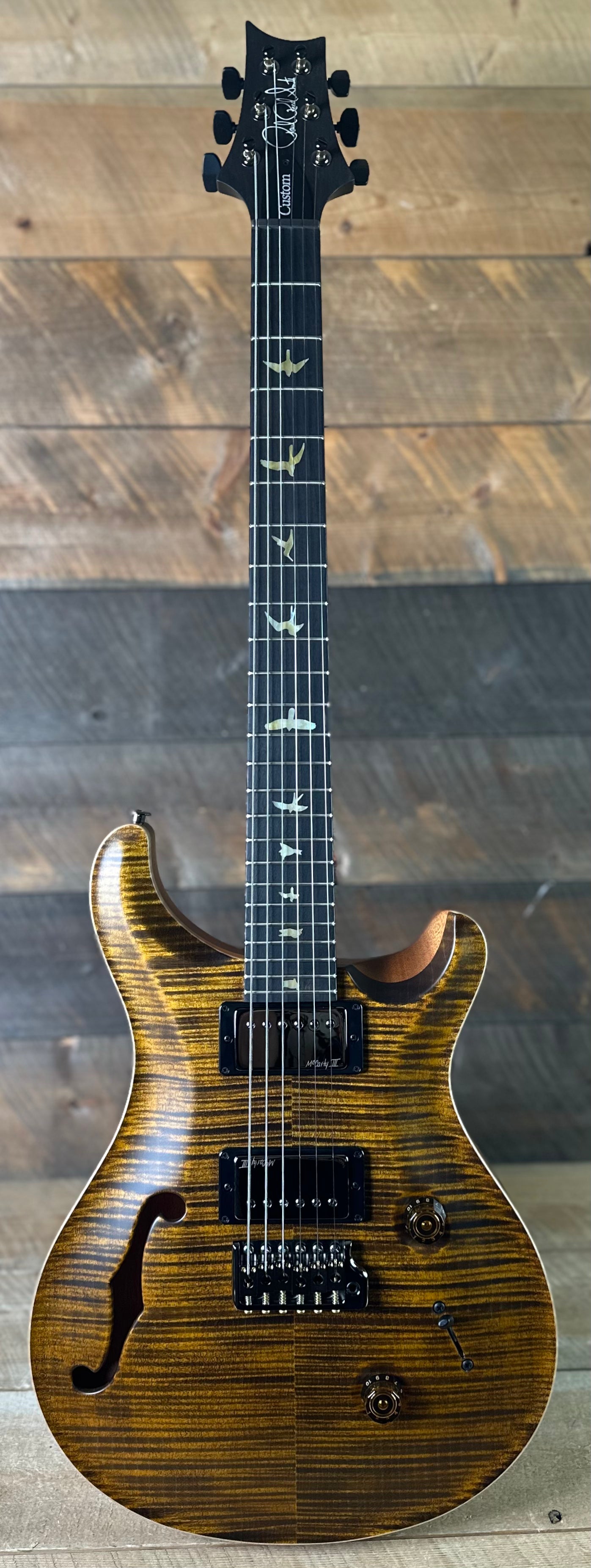 PRS Wood Library Custom 24 Fatback Semi-Hollow McCarty III Pickups Ebony Fretboard Satin Yellow Tiger Finish Stained Maple Neck 423670