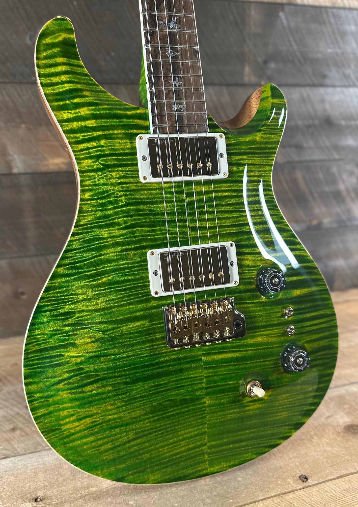 PRS Wood Library McCarty Tremolo w/ Dual Mini Toggles Flame Maple 10-top Ziricote FB - Emerald (Natural Back) 431243