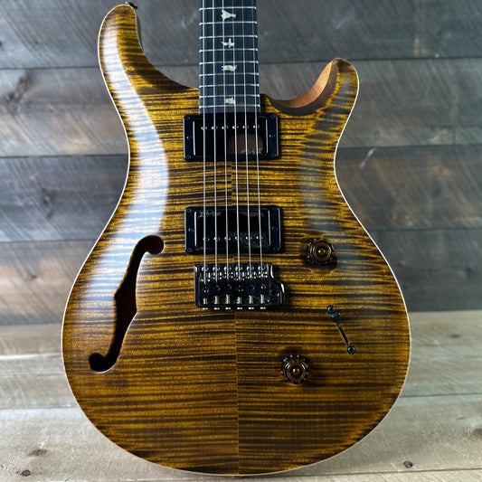 PRS Wood Library Custom 24 Fatback Semi-Hollow McCarty III Pickups Ebony Fretboard Satin Yellow Tiger Finish Stained Maple Neck 423670